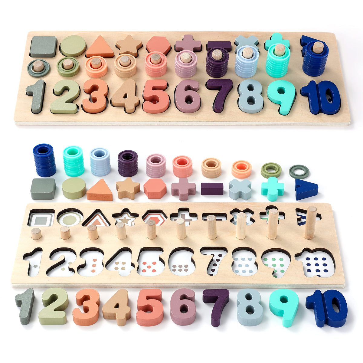 GeroCrew Wooden Montessori Toys for Kids Toddler Number Puzzles Sorter Counting Shape Stacker Stacking Game Preschool Toys for Boy Girl Learning Education Math Blocks Year Old Girl Gifts (Rainbow)