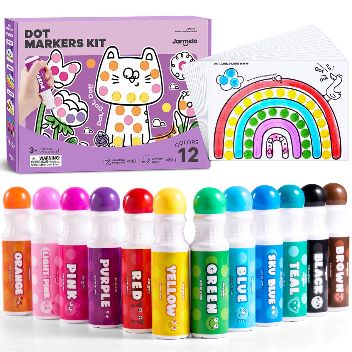 Jar Melo Washable Dot Markers for Toddlers, 6 Colors, Large 60ML