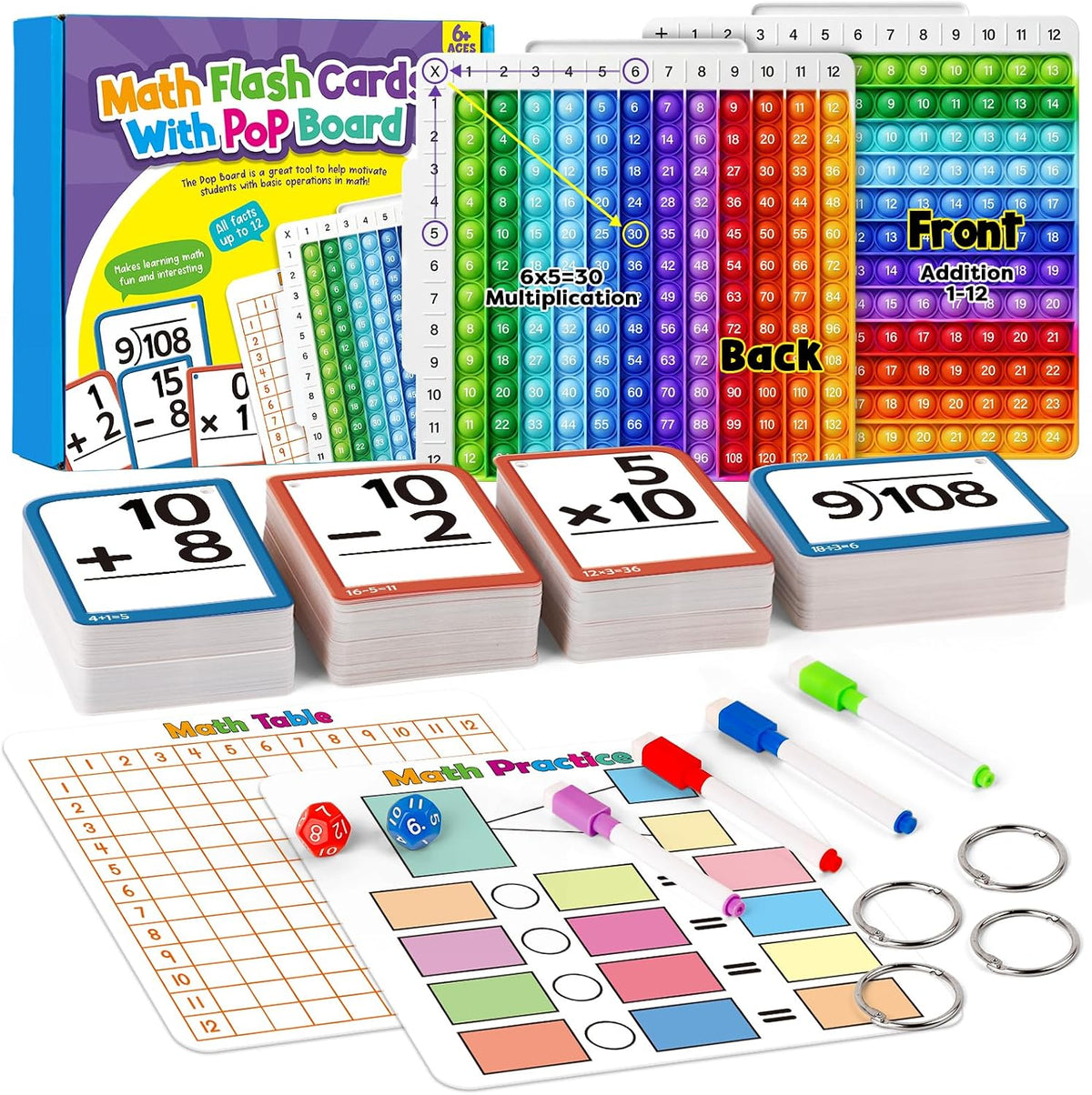 Torlam 332 Math Flash Cards Math Board,Math Games Manipulatives Times Table Chart Fun Learning Interactive Practice Kit for Kids,Multiplication,Division,Addition,Subtraction Flash Card Toys for Kids