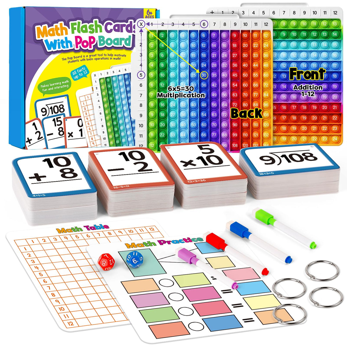 Torlam 332 Math Flash Cards Math Board,Math Games Manipulatives Times Table Chart Fun Learning Interactive Practice Kit for Kids,Multiplication,Division,Addition,Subtraction Flash Card Toys for Kids