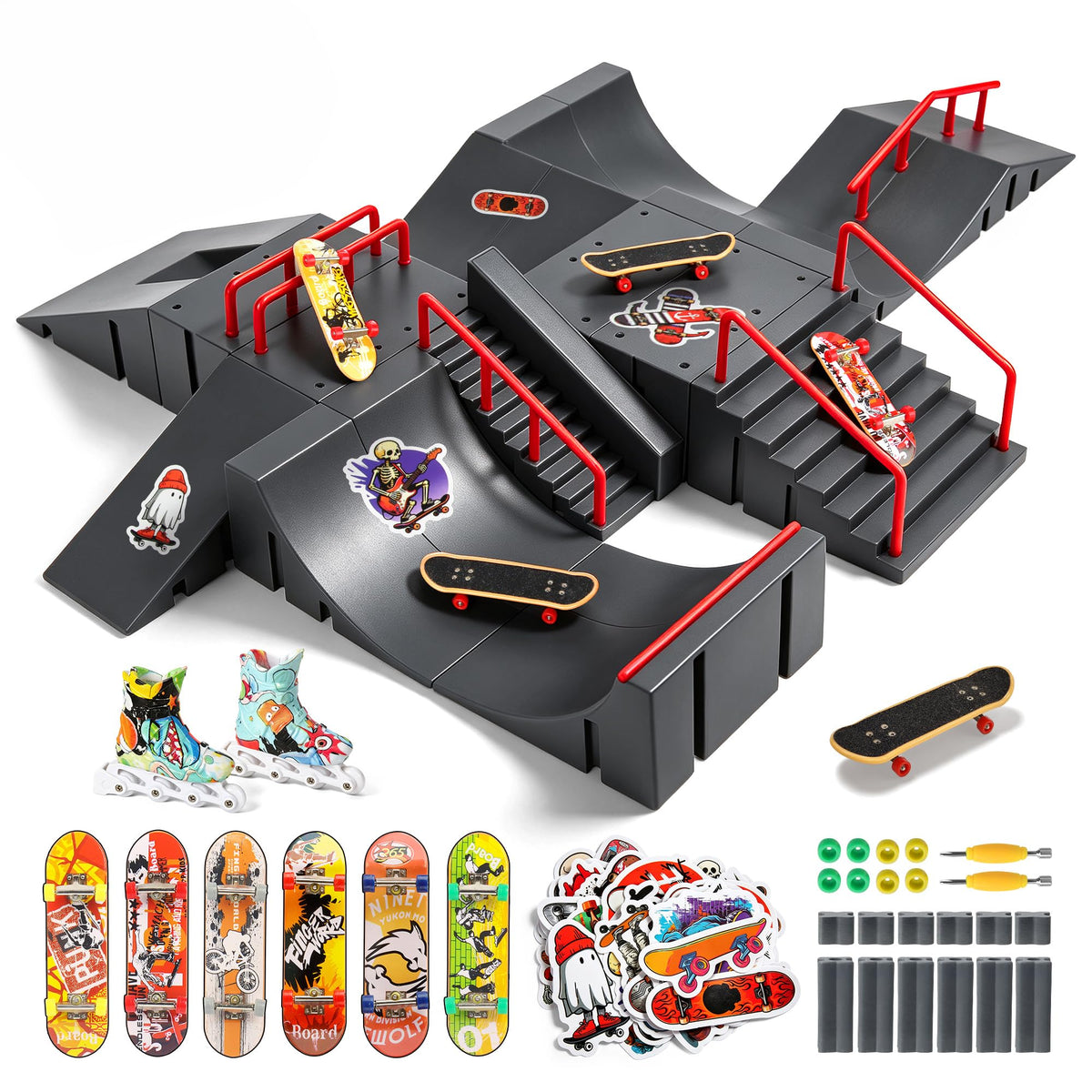 14-in-1 Fingerboard Skatepark Set with 8 Finger Skateboards and Finger Bike