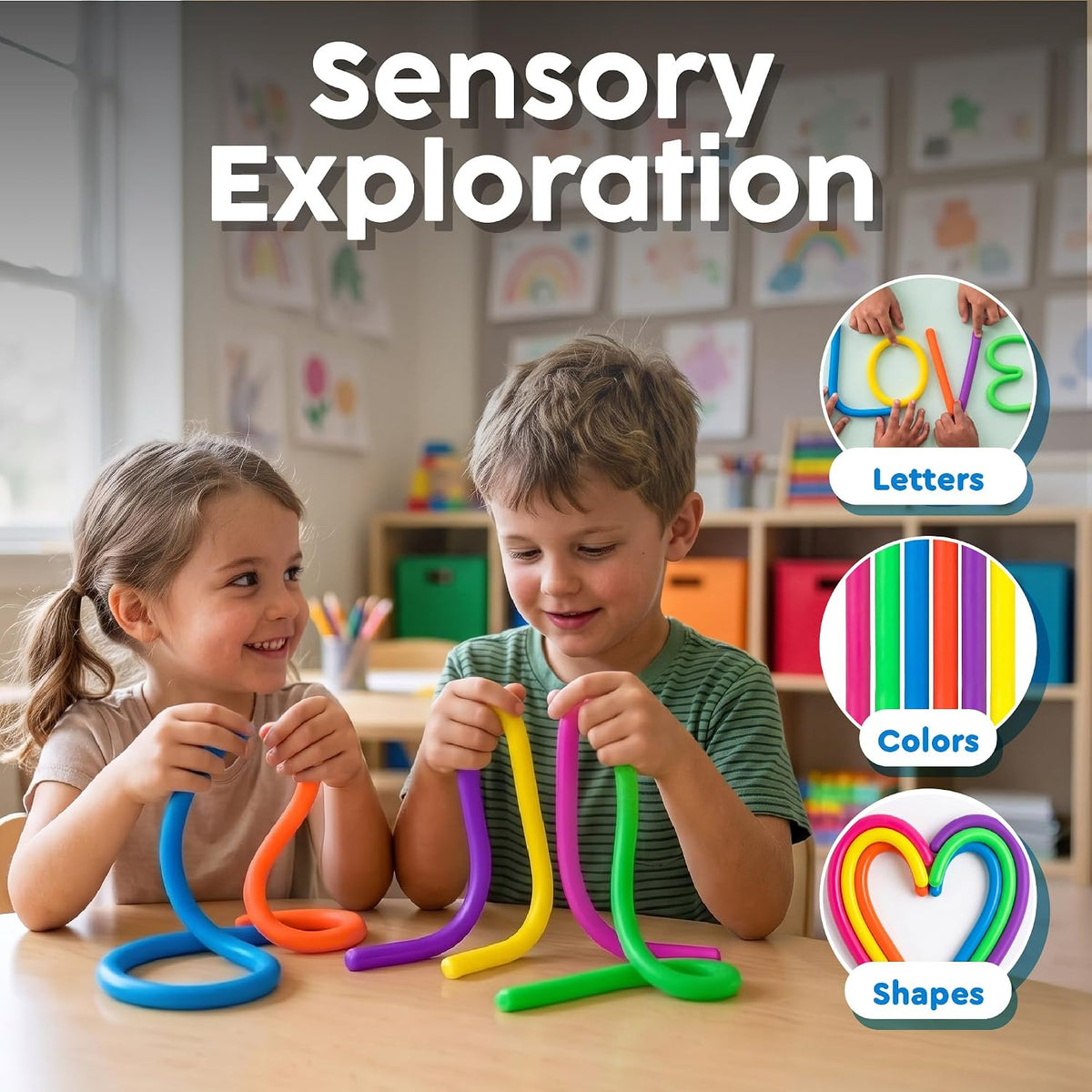 BUNMO Sensory Toys - Stretchy Noodle Strings - Stimulating & Addictive Fidget Toys for Kids - Hours of Fun for Kids - Worry Noodles - Smooth 6 Pack