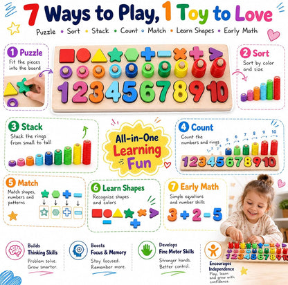 GeroCrew Wooden Montessori Toys for Kids Toddler Number Puzzles Sorter Counting Shape Stacker Stacking Game Preschool Toys for Boy Girl Learning Education Math Blocks Year Old Girl Gifts (Rainbow)