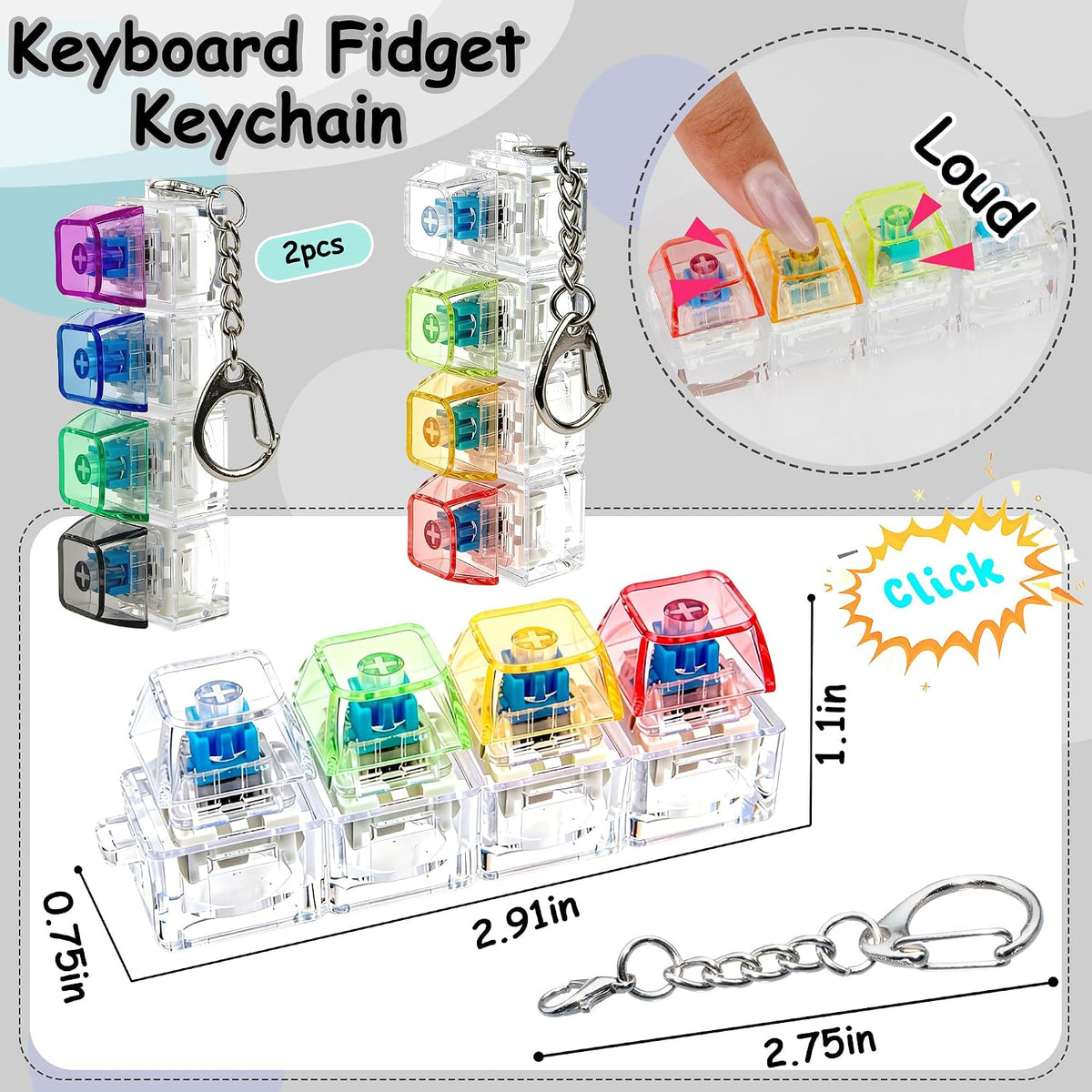 2 PCS Keyboard Fidget Toy, Keyboard Fidget Keychain 4-in-1 Keyboard Decompression Button Finger Clicker Toys, Keychain Button Stress Relief Fidget Gifts to Relief Stress (Transparent)