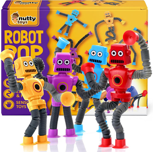nutty toys Sensory Robot Toys 4pk - Top Pop Tubes Fidget 2026 for ADHD & Autism Ages 3 4 5 6 7 8 9 10 11 12, Best Kids Travel Idea, Unique Christmas Kids & Tween Gift Idea, Cool Boy Stocking Stuffers