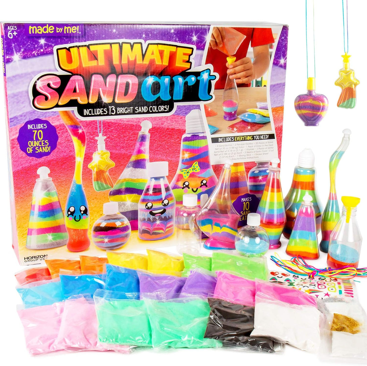 Made By Me Create Your Own Sand Art, 4 Sand Bottles & 2 Pendent Bottles with 8 Bright Sand Colors, Designing Tool & More, Great Staycation or Birthday Party Activity for Kids Ages 6, 7, 8, 9