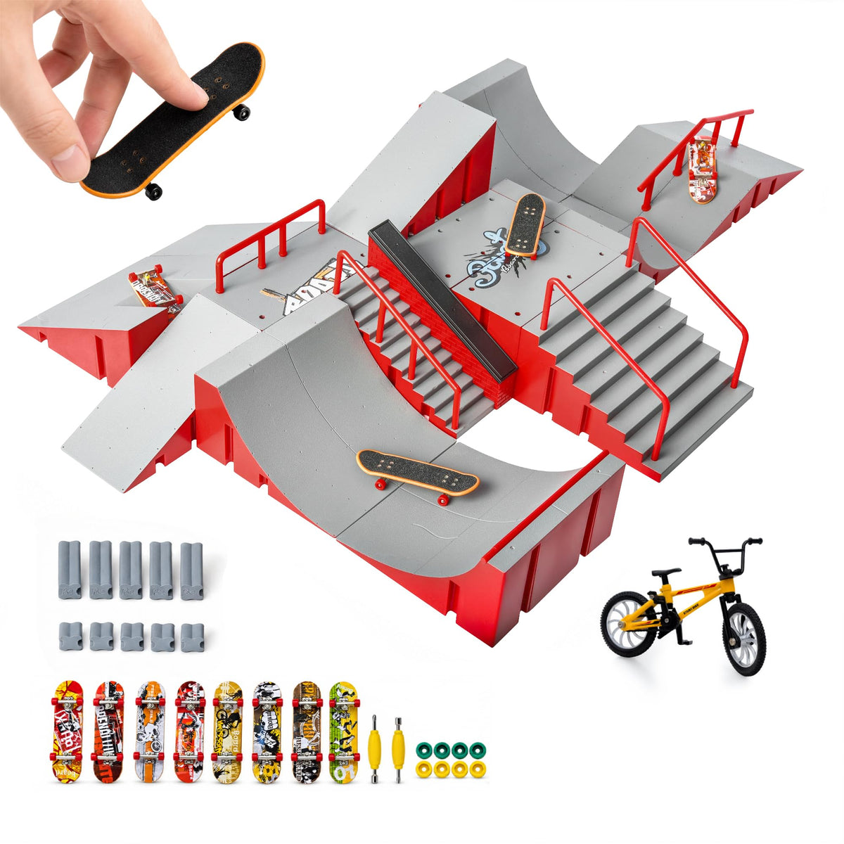14-in-1 Fingerboard Skatepark Set with 8 Finger Skateboards and Finger Bike