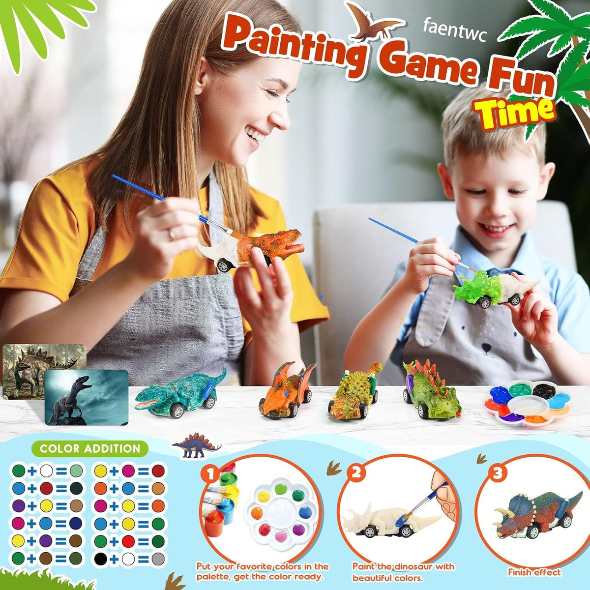 faentwc Dinosaur Painting Toys for Kids 5-7: Birthday Gifts for Kid Age 3-12 2 in 1 Dino Arts Painting Kits and Pull Back Cars Toy for Boys 4 5 6 7 8 9 10 Year Old Art & Craft Set