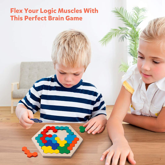 Coogam Wooden Hexagon Puzzle for Kid Adults - Shape Pattern Block Tangram Brain Teaser Toy Geometry Logic IQ Game STEM Montessori Educational Gift for All Ages Challenge