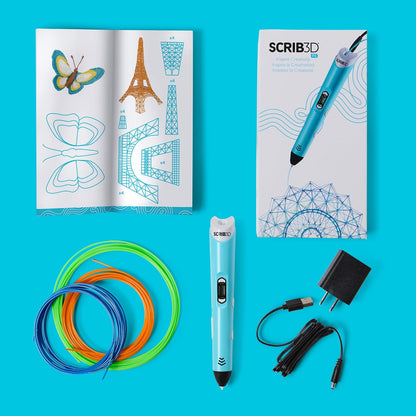 SCRIB3D P1 3D Printing Pen with Display - Includes 3D Pen, 3 Starter Colors of PLA Filament, Stencil Book + Project Guide, and Power Adapter