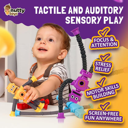 nutty toys Sensory Robot Toys 4pk - Top Pop Tubes Fidget 2026 for ADHD & Autism Ages 3 4 5 6 7 8 9 10 11 12, Best Kids Travel Idea, Unique Christmas Kids & Tween Gift Idea, Cool Boy Stocking Stuffers