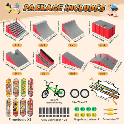 14-in-1 Fingerboard Skatepark Set with 8 Finger Skateboards and Finger Bike