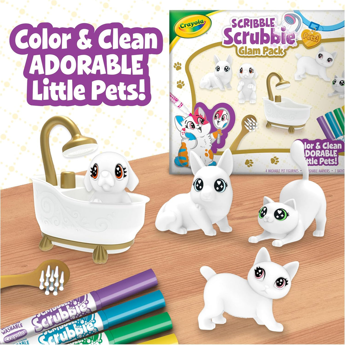 Crayola Scribble Scrubbies Glam Pack (4 Pets), Washable Pet Care Toy & Coloring Animal Craft Kit, Gift for Kids, Playset for Girls & Boys, Ages 3+