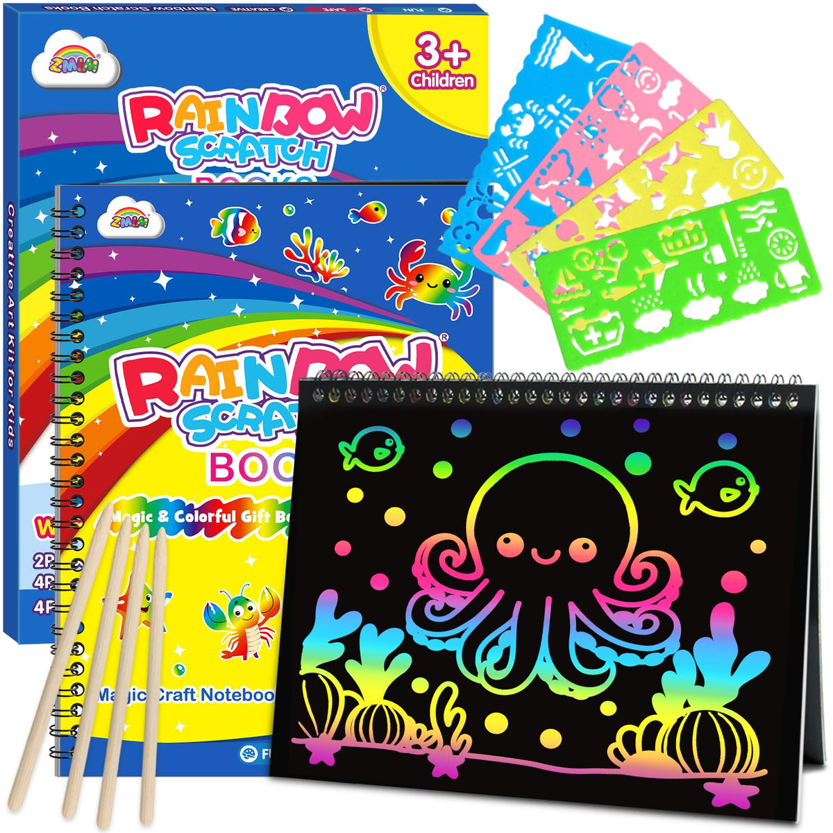 ZMLM Scratch Paper Art-Crafts Gift: 2 Pack Rainbow Notebooks Supplies Toys