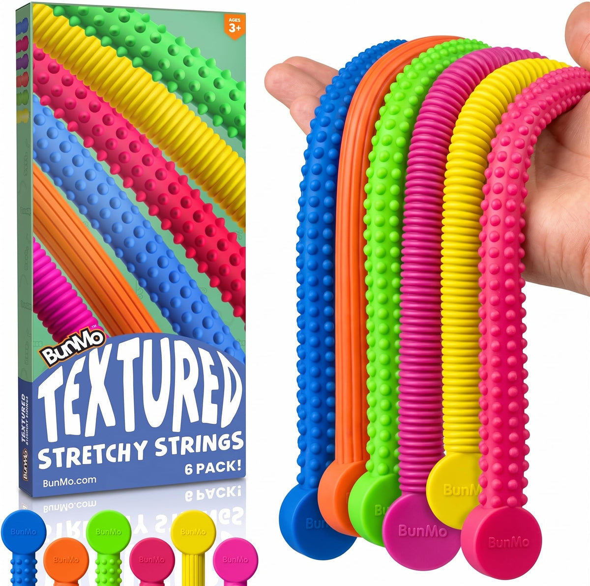 BUNMO Sensory Toys - Stretchy Noodle Strings - Stimulating & Addictive Fidget Toys for Kids - Hours of Fun for Kids - Worry Noodles - Smooth 6 Pack