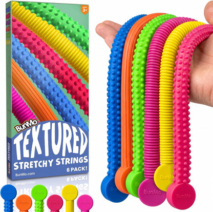 BUNMO Sensory Toys - Stretchy Noodle Strings - Stimulating & Addictive Fidget Toys for Kids - Hours of Fun for Kids - Worry Noodles - Smooth 6 Pack