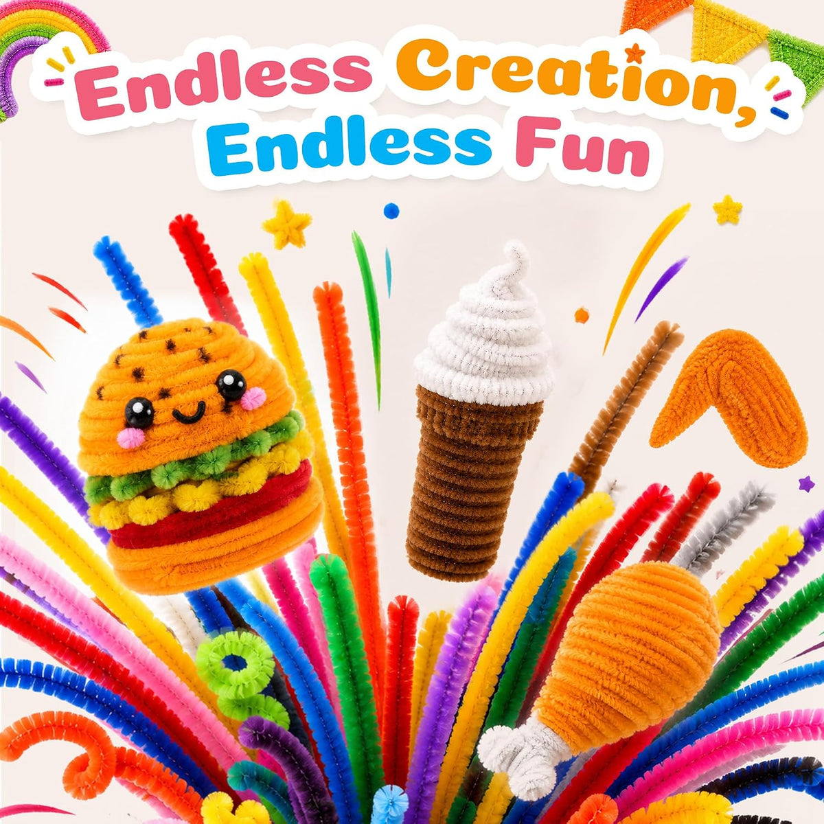 Caydo 200PCS Thick Pipe Cleaners Craft, 20 Colors Chenille Stems