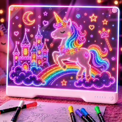 Geokay 16" Rechargeable LED Drawing Board, 9-Color Light Modes, Neon Art Dry Erase Light Up Doodle Glow Pad with Built-in Stand, Sketching Gift Toy for Kids/Girls/Teens, 7 Markers & Tracing Book
