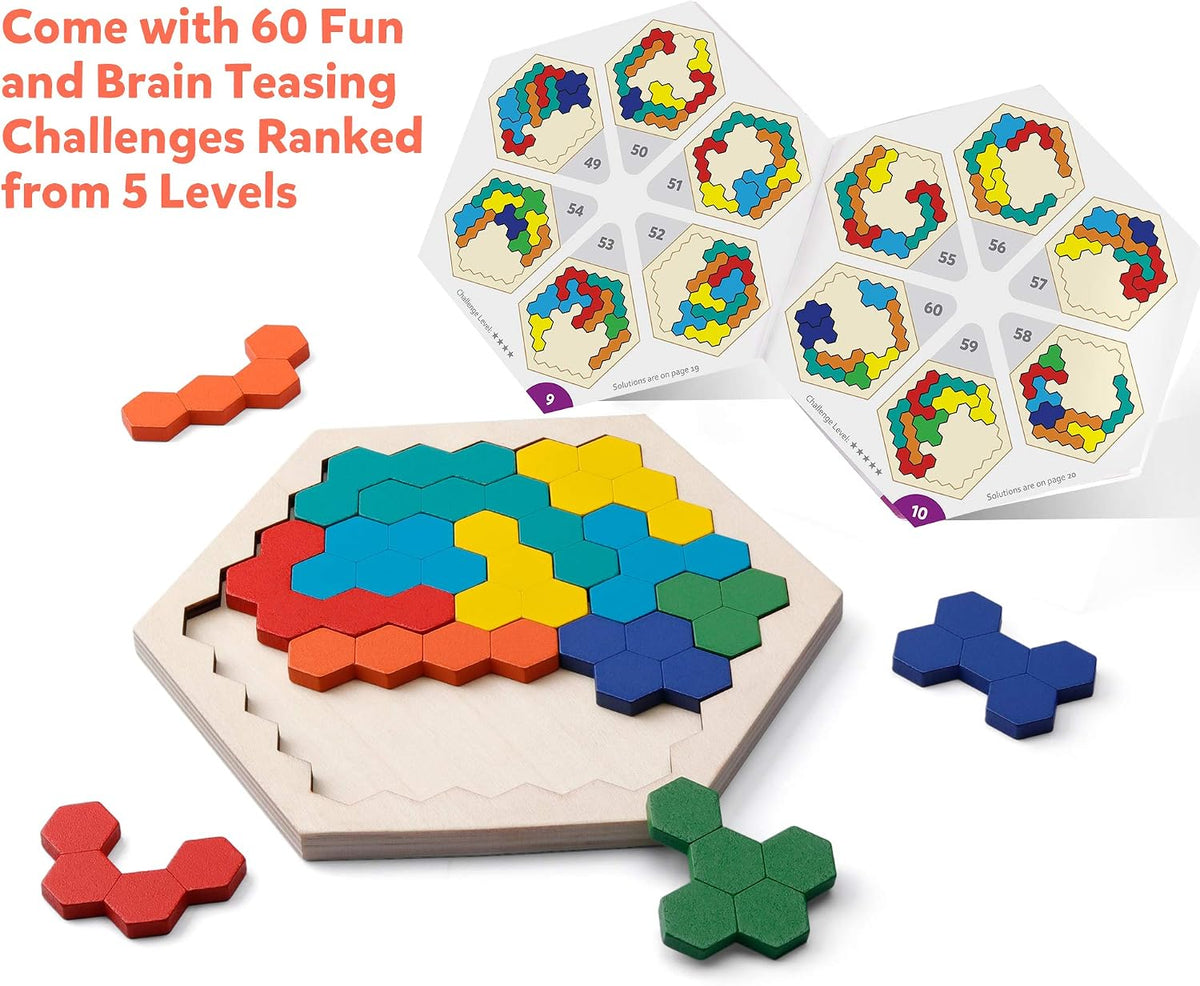 Coogam Wooden Hexagon Puzzle for Kid Adults - Shape Pattern Block Tangram Brain Teaser Toy Geometry Logic IQ Game STEM Montessori Educational Gift for All Ages Challenge