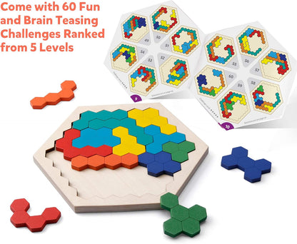 Coogam Wooden Hexagon Puzzle for Kid Adults - Shape Pattern Block Tangram Brain Teaser Toy Geometry Logic IQ Game STEM Montessori Educational Gift for All Ages Challenge