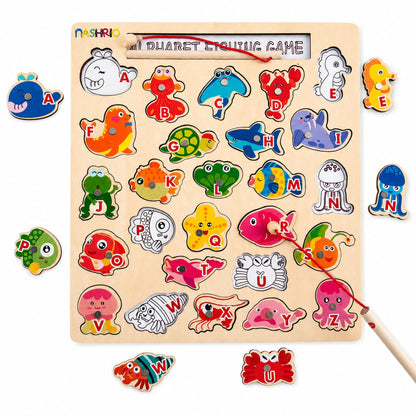 Magnetic Wooden Fishing Game Toy for Preschoolers, Alphabet Fish Catching Counting Games Puzzle with Numbers and Letters, Preschool Learning ABC and Math Educational Toys for 3 4 5 Years Old Kids