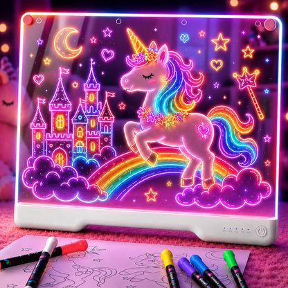 Geokay 16" Rechargeable LED Drawing Board, 9-Color Light Modes, Neon Art Dry Erase Light Up Doodle Glow Pad with Built-in Stand, Sketching Gift Toy for Kids/Girls/Teens, 7 Markers & Tracing Book