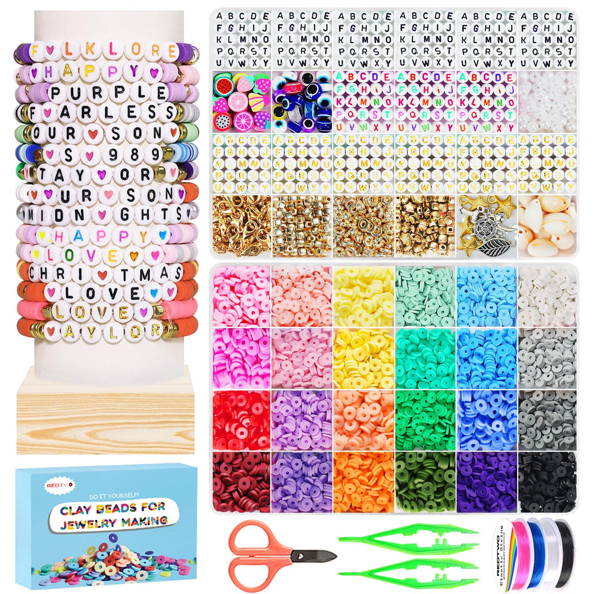 Redtwo 5100 Clay Beads Bracelet Making Kit, Flat Preppy Beads for Friendship Jewelry Making,Polymer Heishi Beads with Charms Gifts for Teen Girls Crafts for Girls Ages 8-12