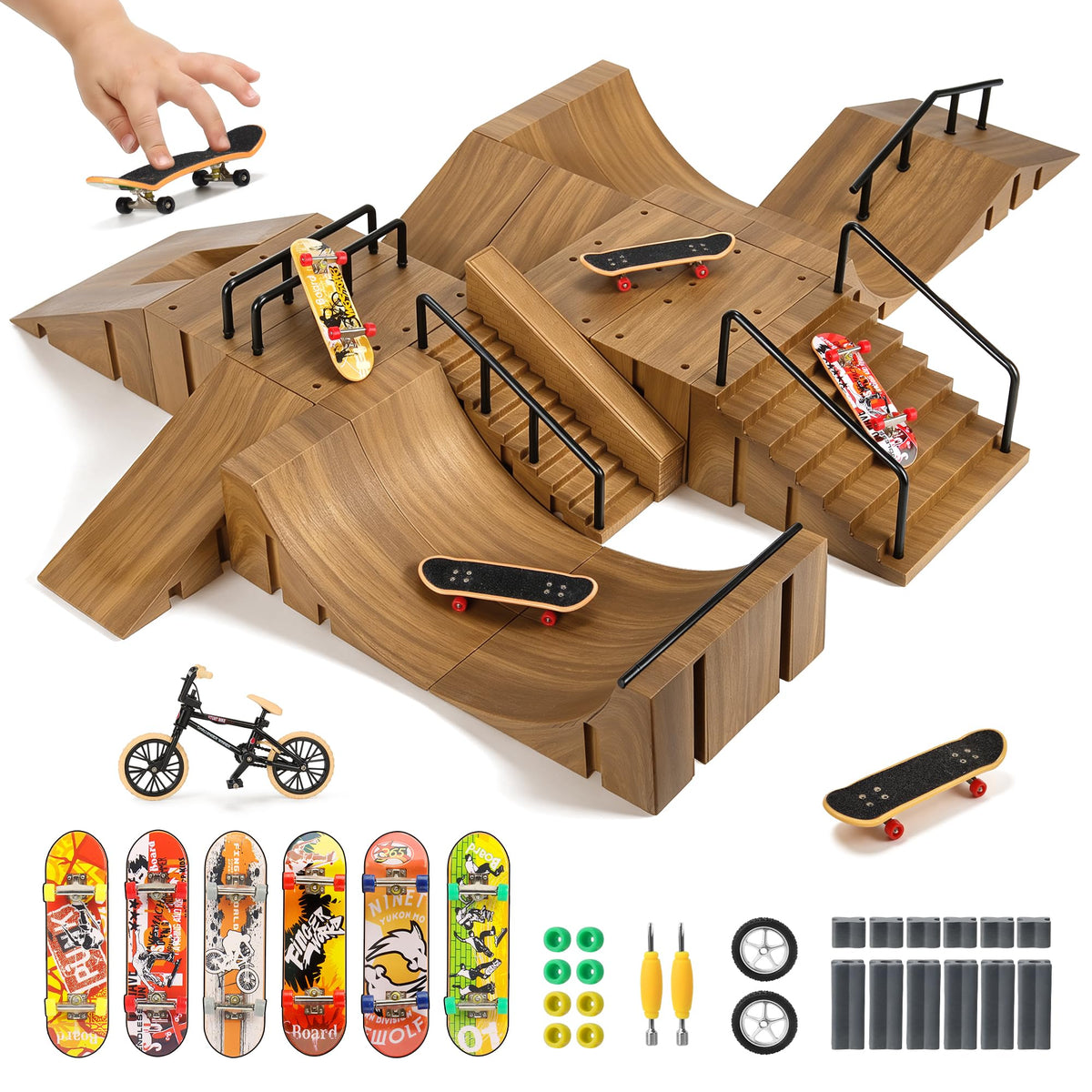 14-in-1 Fingerboard Skatepark Set with 8 Finger Skateboards and Finger Bike