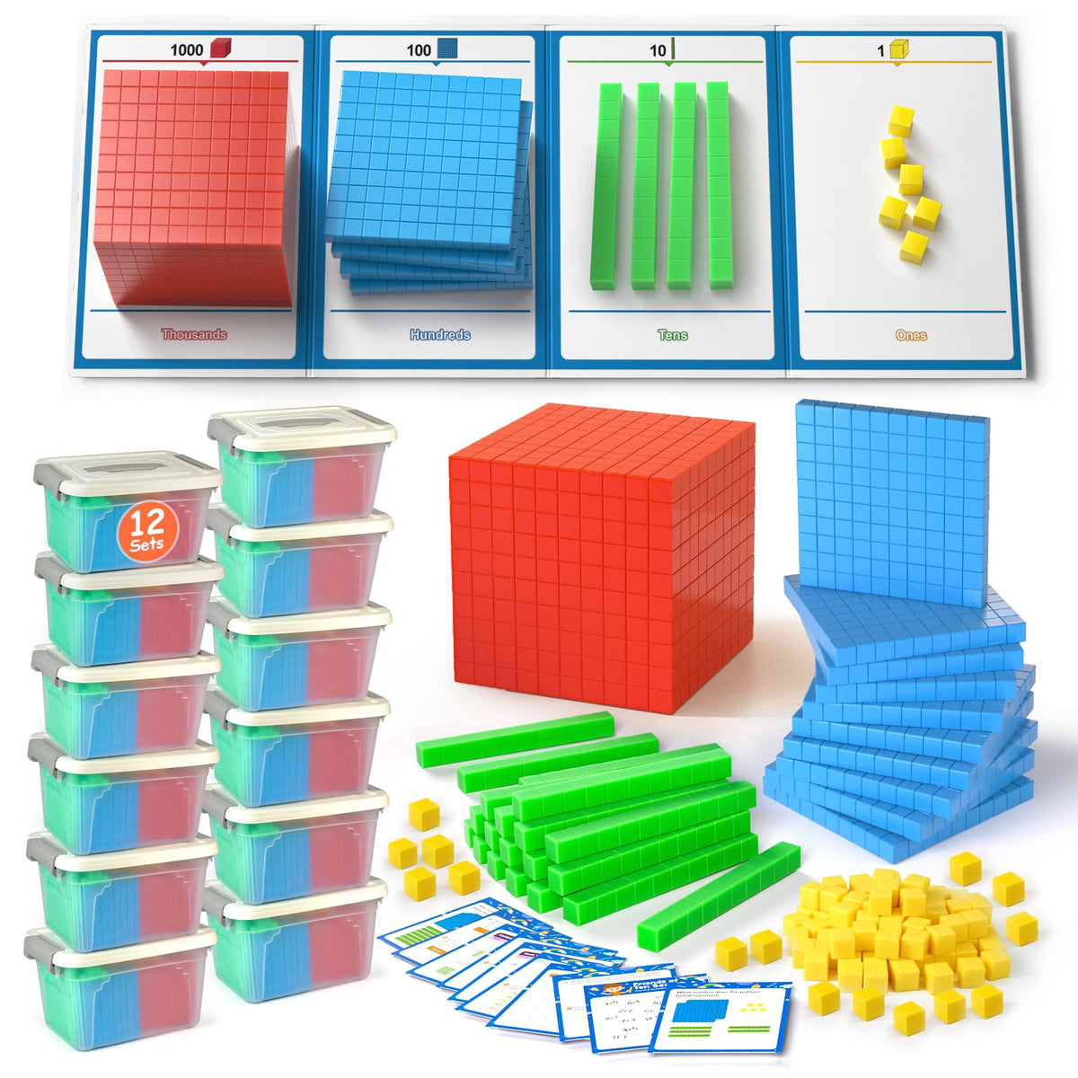 TOMMYHOME Base Ten Blocks with Place Value Chart - Math Manipulatives for Kids.Counting Blocks for Math to Help Educate Kindergarten Teachers.