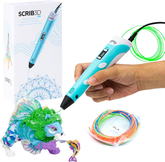 SCRIB3D P1 3D Printing Pen with Display - Includes 3D Pen, 3 Starter Colors of PLA Filament, Stencil Book + Project Guide, and Power Adapter