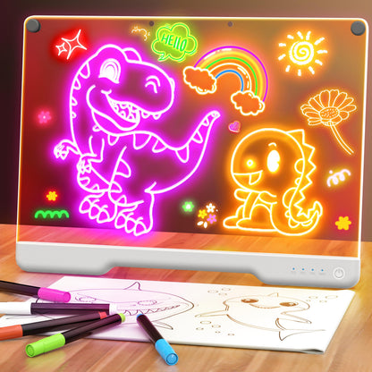 Geokay 16" Rechargeable LED Drawing Board, 9-Color Light Modes, Neon Art Dry Erase Light Up Doodle Glow Pad with Built-in Stand, Sketching Gift Toy for Kids/Girls/Teens, 7 Markers & Tracing Book