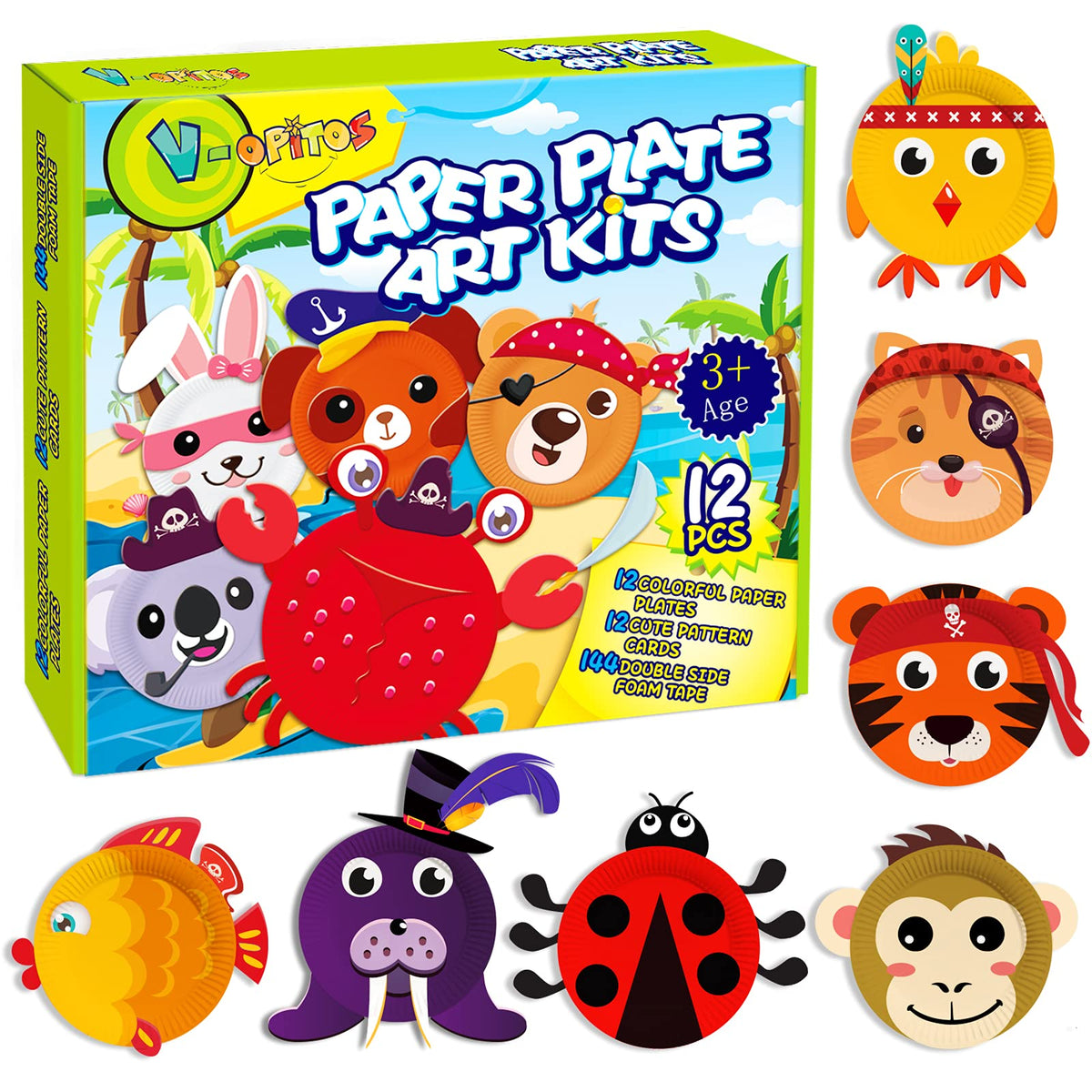 V-Opitos Arts and Crafts Kits for Kids, 12 Pack Simple Animal Paper Plate Crafts for Toddler Age of 2, 3, 4, 5 Years Old, Fun Preschool Classroom Activity Project for Boy & Girl