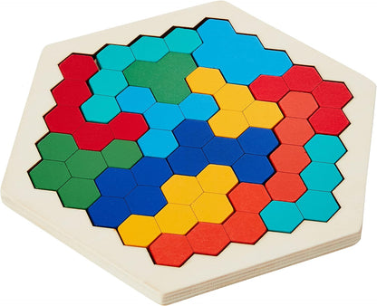 Coogam Wooden Hexagon Puzzle for Kid Adults - Shape Pattern Block Tangram Brain Teaser Toy Geometry Logic IQ Game STEM Montessori Educational Gift for All Ages Challenge