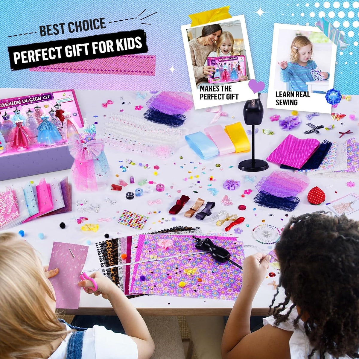 Fashion Designer Kits for Girls with 6 Mannequins, 800+ Kids Sewing Kits
