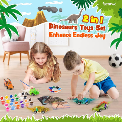 faentwc Dinosaur Painting Toys for Kids 5-7: Birthday Gifts for Kid Age 3-12 2 in 1 Dino Arts Painting Kits and Pull Back Cars Toy for Boys 4 5 6 7 8 9 10 Year Old Art & Craft Set