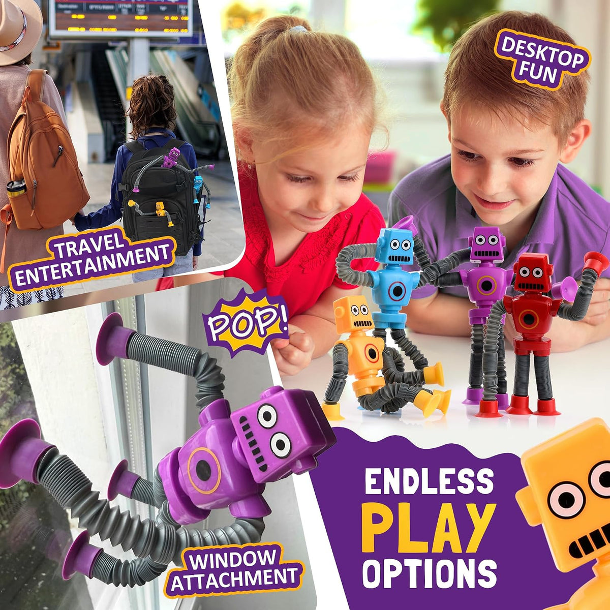 nutty toys Sensory Robot Toys 4pk - Top Pop Tubes Fidget 2026 for ADHD & Autism Ages 3 4 5 6 7 8 9 10 11 12, Best Kids Travel Idea, Unique Christmas Kids & Tween Gift Idea, Cool Boy Stocking Stuffers
