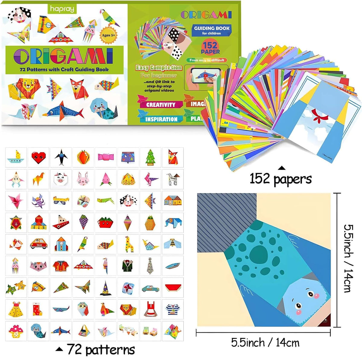 hapray Origami Kit for Kids 5-12, 152 Origami Paper Kit with Origami Book