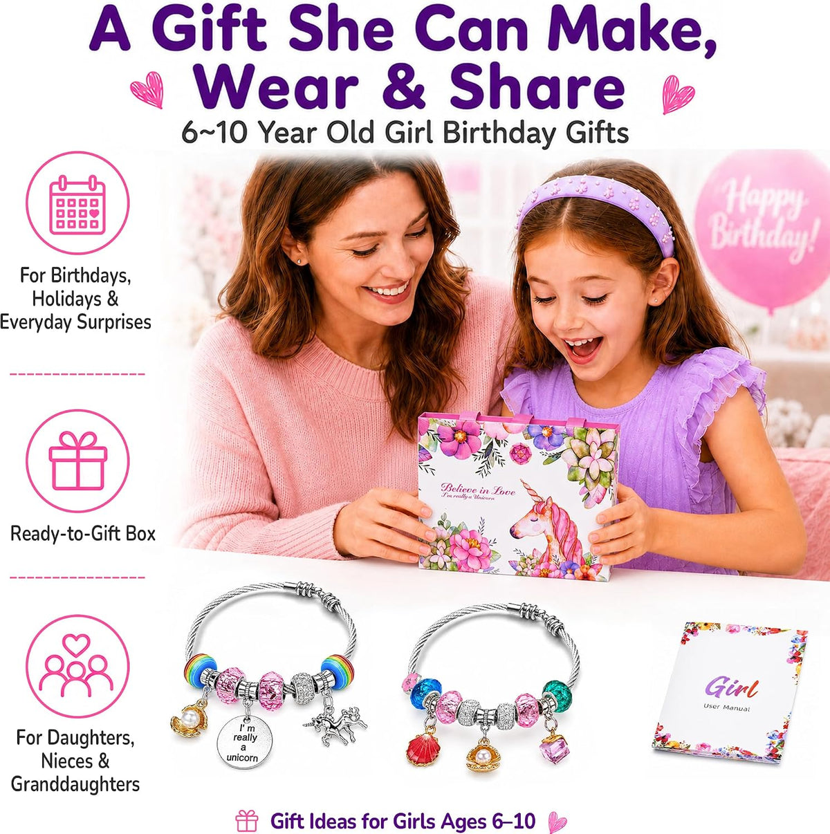 COO&KOO Charm Bracelet Making Kit, A Unicorn Girls Toy that Inspires Creativity and Imagination, Crafts for Girls Ages 8-12 with Jewelry Making Kit Perfect Gifts for 6 7 8 9 10 Girl Self-Expression!
