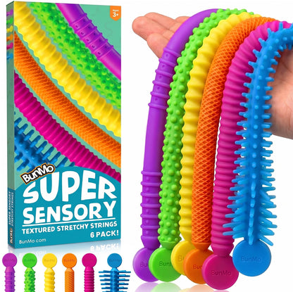 BUNMO Sensory Toys - Stretchy Noodle Strings - Stimulating & Addictive Fidget Toys for Kids - Hours of Fun for Kids - Worry Noodles - Smooth 6 Pack