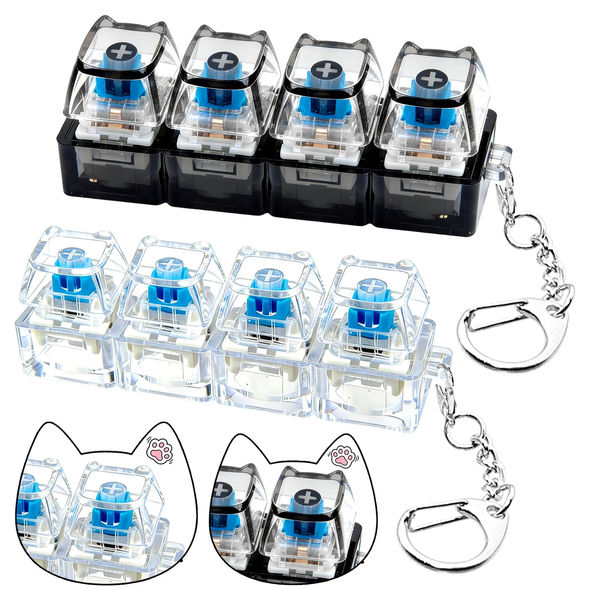 2 PCS Keyboard Fidget Toy, Keyboard Fidget Keychain 4-in-1 Keyboard Decompression Button Finger Clicker Toys, Keychain Button Stress Relief Fidget Gifts to Relief Stress (Transparent)