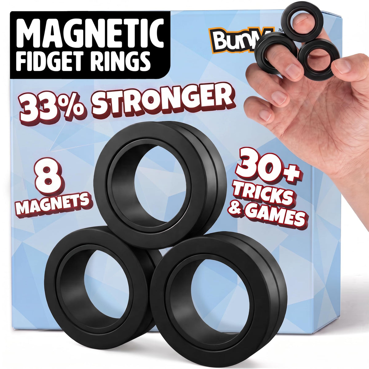 BUNMO Magnetic Fidget Rings – Fidget Toys Adults, Cool Fidgets for Teens, Quiet Fidget Toys, Maximum Strength 8 N50 Magnets, Endless Tricks, Teen Gifts, Fidgets for Kids 8-12, Adult Fidget Toys, Black
