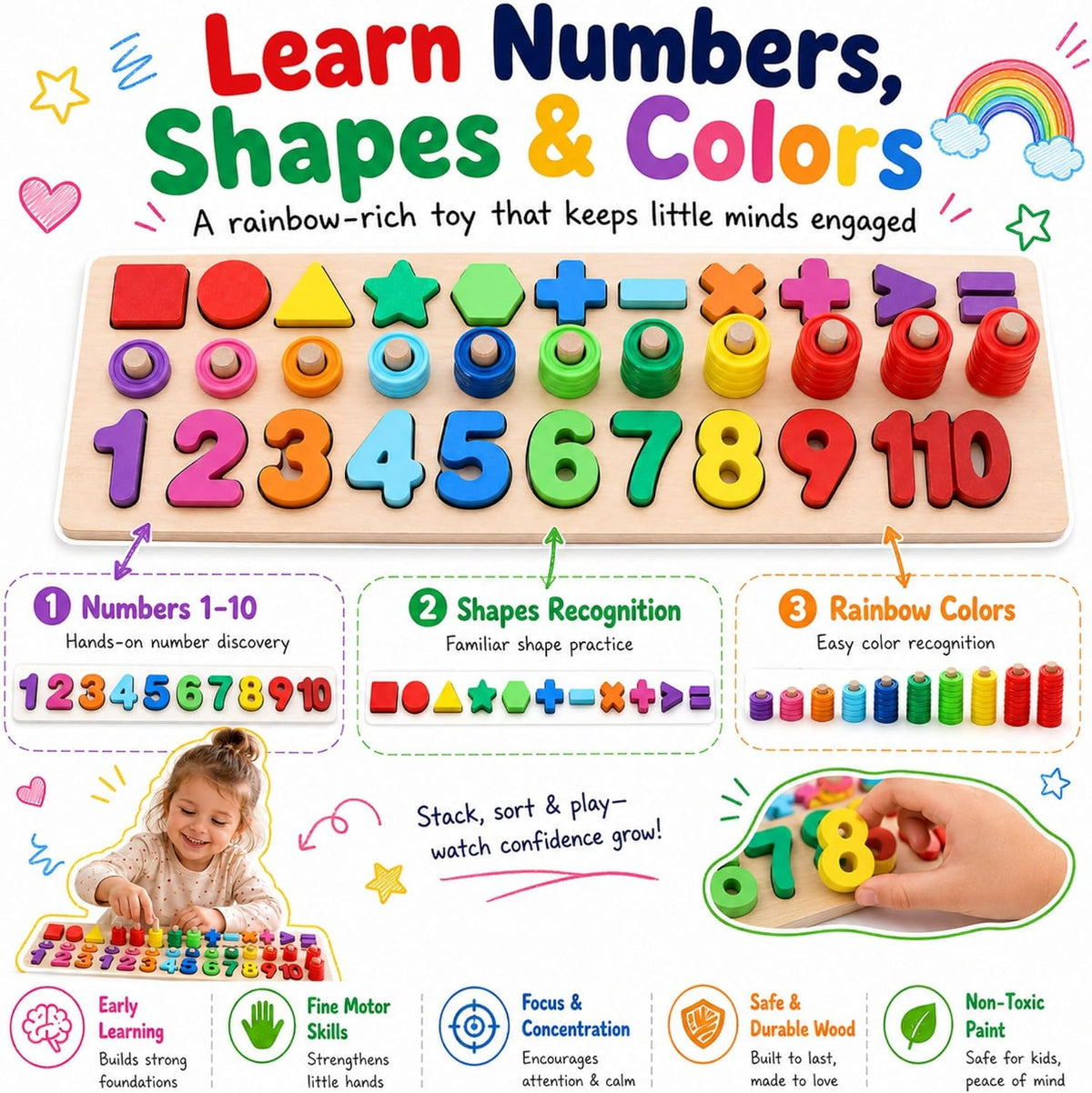 GeroCrew Wooden Montessori Toys for Kids Toddler Number Puzzles Sorter Counting Shape Stacker Stacking Game Preschool Toys for Boy Girl Learning Education Math Blocks Year Old Girl Gifts (Rainbow)