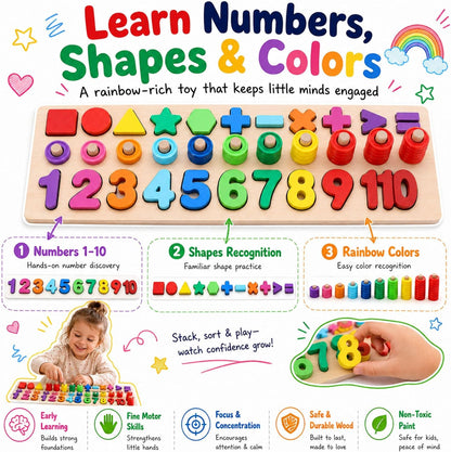 GeroCrew Wooden Montessori Toys for Kids Toddler Number Puzzles Sorter Counting Shape Stacker Stacking Game Preschool Toys for Boy Girl Learning Education Math Blocks Year Old Girl Gifts (Rainbow)