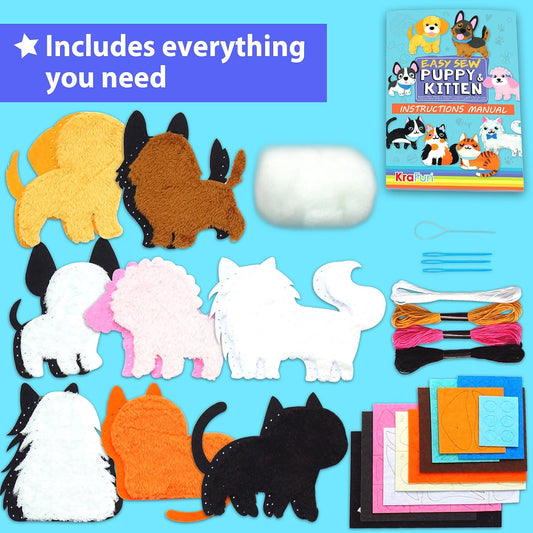 KRAFUN Puppy & Kitten Sewing Kit for Kids Ages 6+ | 8 Dolls