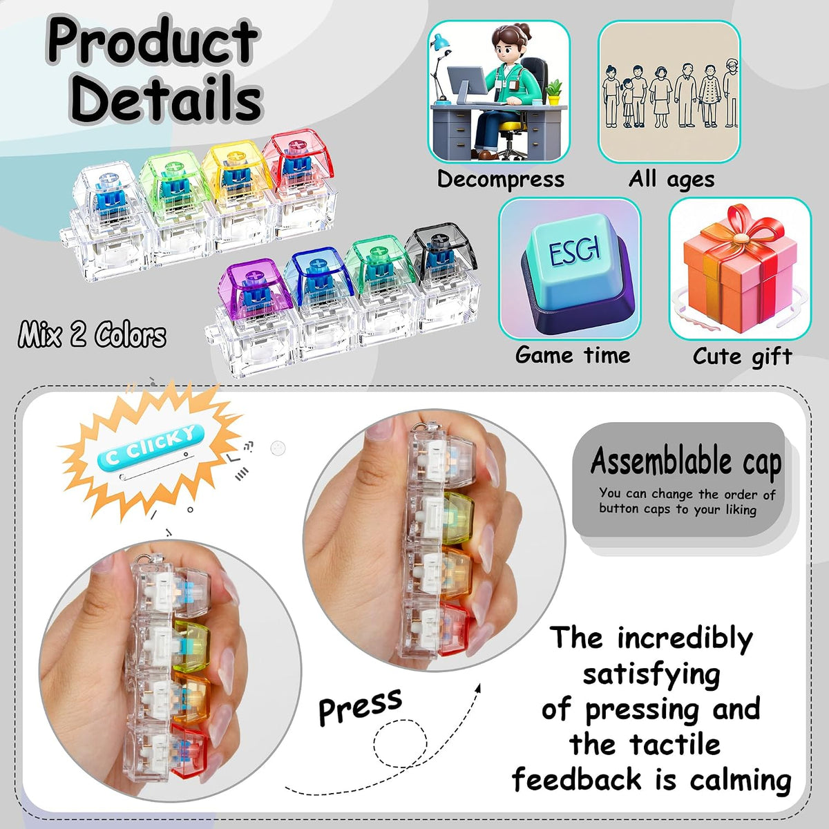2 PCS Keyboard Fidget Toy, Keyboard Fidget Keychain 4-in-1 Keyboard Decompression Button Finger Clicker Toys, Keychain Button Stress Relief Fidget Gifts to Relief Stress (Transparent)