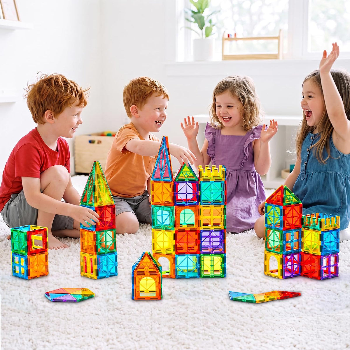 Gemmicc 100 PCS Magnetic Tiles with 2 Cars, STEM Approved Educational Magnet BuildingToys, Magnet Puzzles Stacking Blocks for Boys Girls