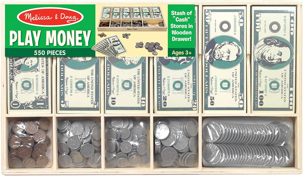 Melissa & Doug Play Money Set - Educational Toy with Paper Bills and Plastic Coins (50 of Each Denomination) and Wooden Cash Drawer for Storage