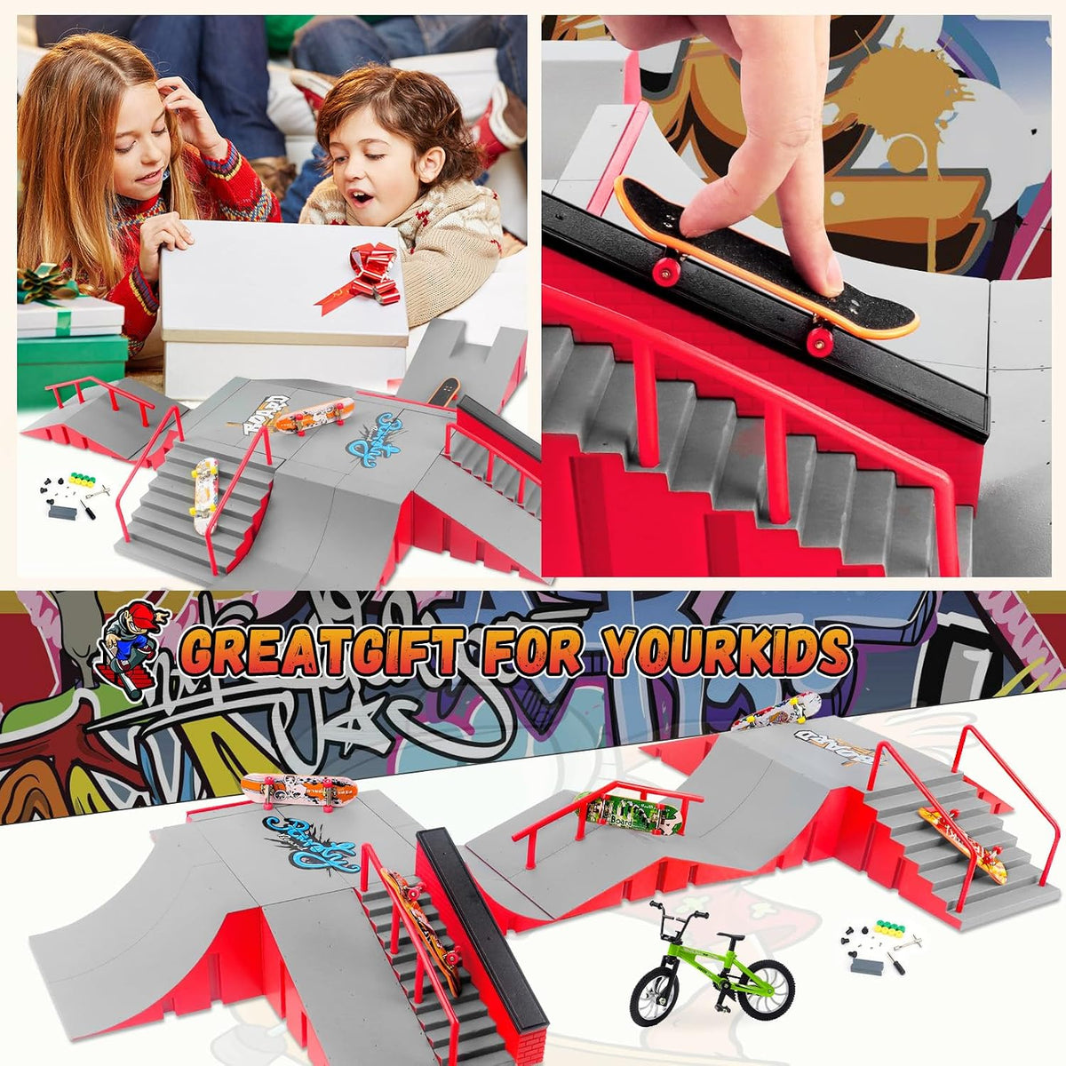 14-in-1 Fingerboard Skatepark Set with 8 Finger Skateboards and Finger Bike