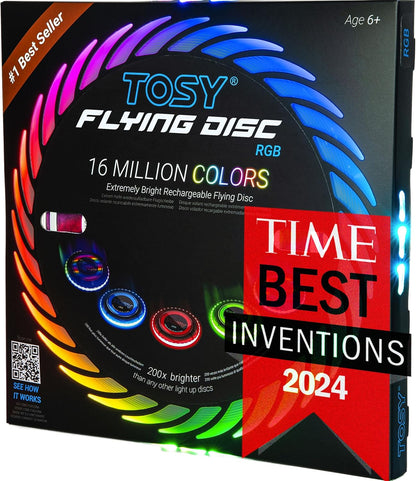 TOSY Flying Disc - 16 Million Colors RGB LEDs, Extremely Bright, Smart Modes, Camping Essentials for Teens/Kids/Adults/Men/Boys/Girls, Auto Light Up, Rechargeable, Waterproof, 175g