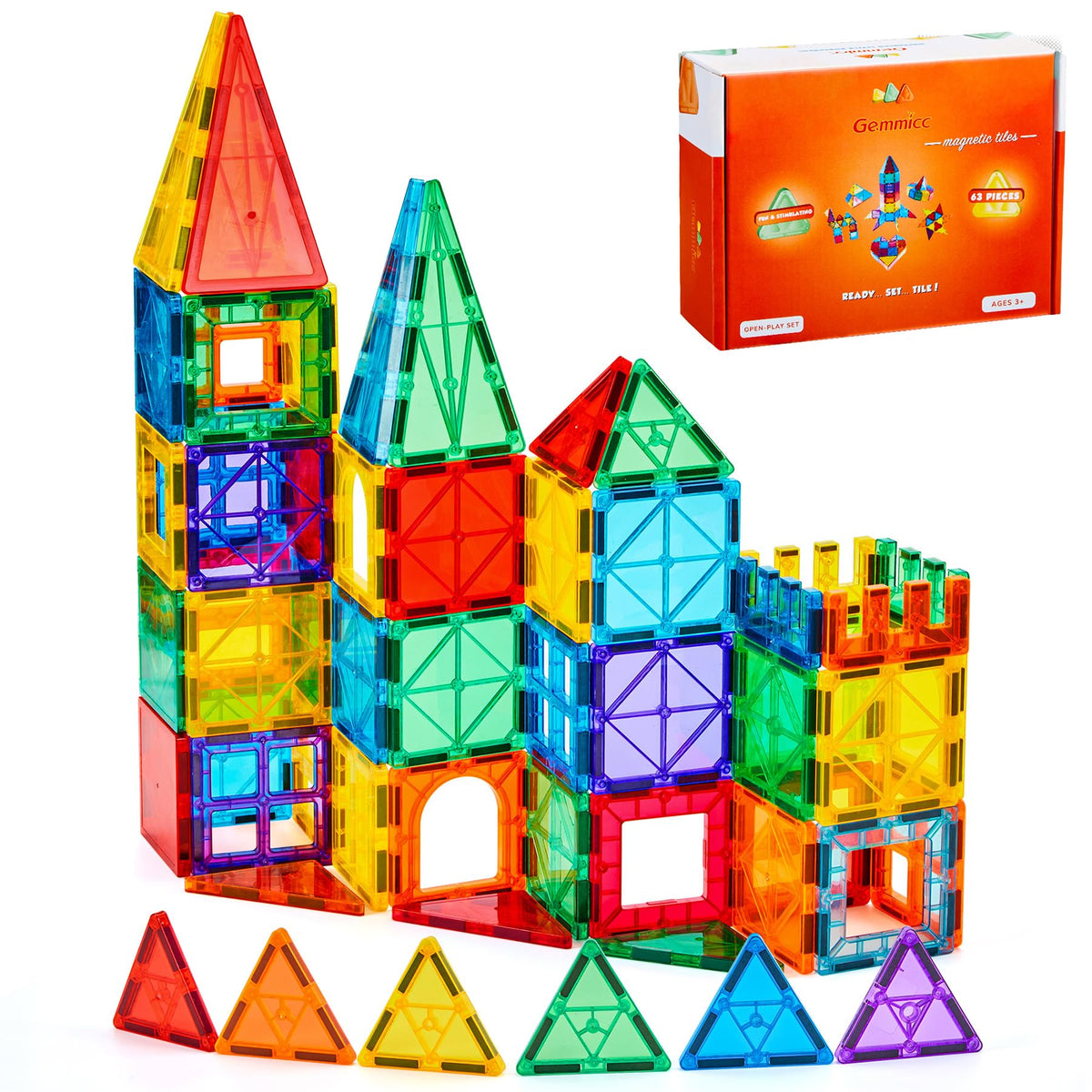 Gemmicc 100 PCS Magnetic Tiles with 2 Cars, STEM Approved Educational Magnet BuildingToys, Magnet Puzzles Stacking Blocks for Boys Girls